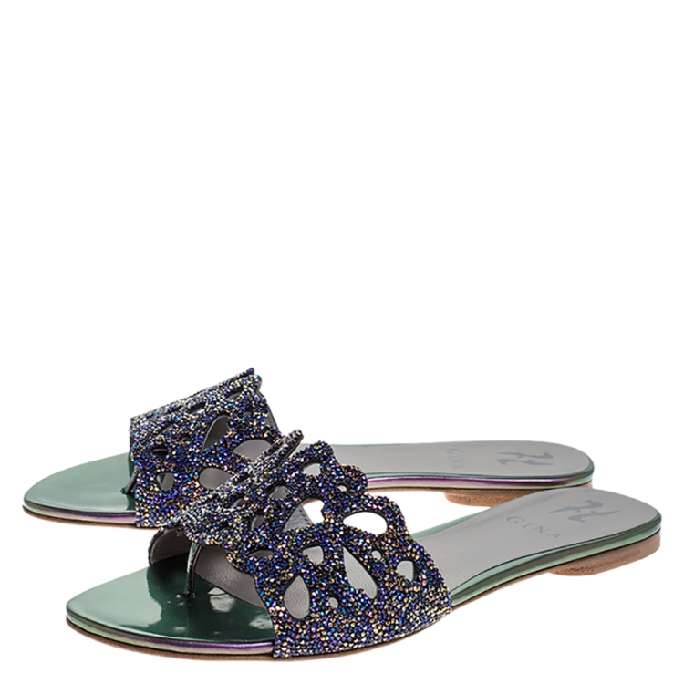 Pre Owned Gina Blue Crystal Embellished Flat Slides Size 39