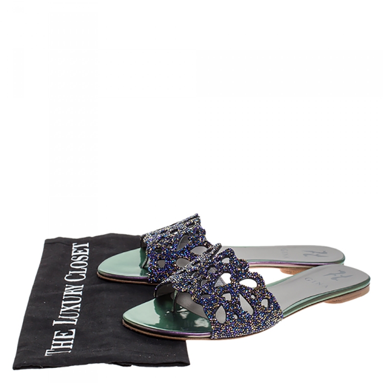 Pre Owned Gina Blue Crystal Embellished Flat Slides Size 39
