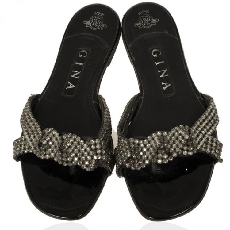 Pre Owned Gina Black Crystal Embellished Flat Slides Size 38