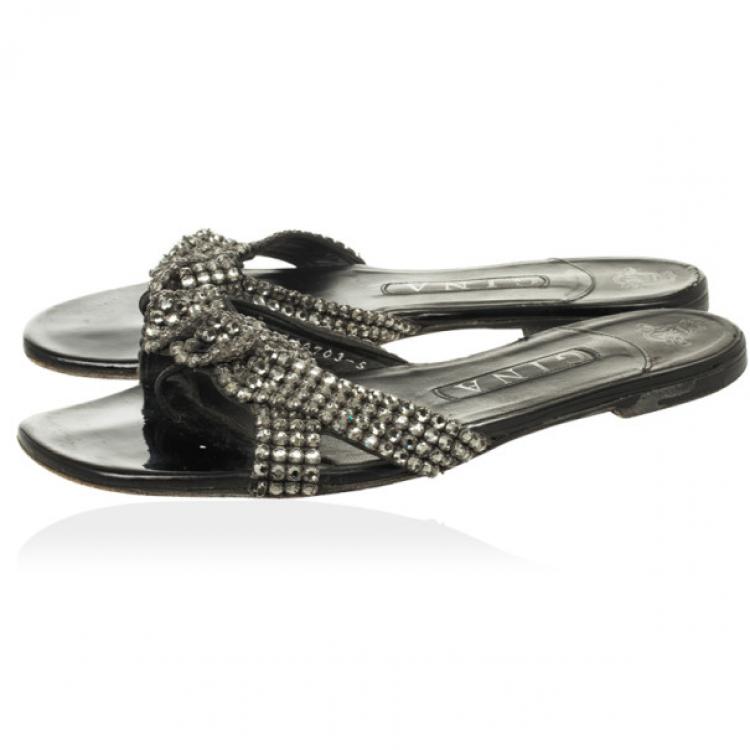 Pre Owned Gina Black Crystal Embellished Flat Slides Size 38