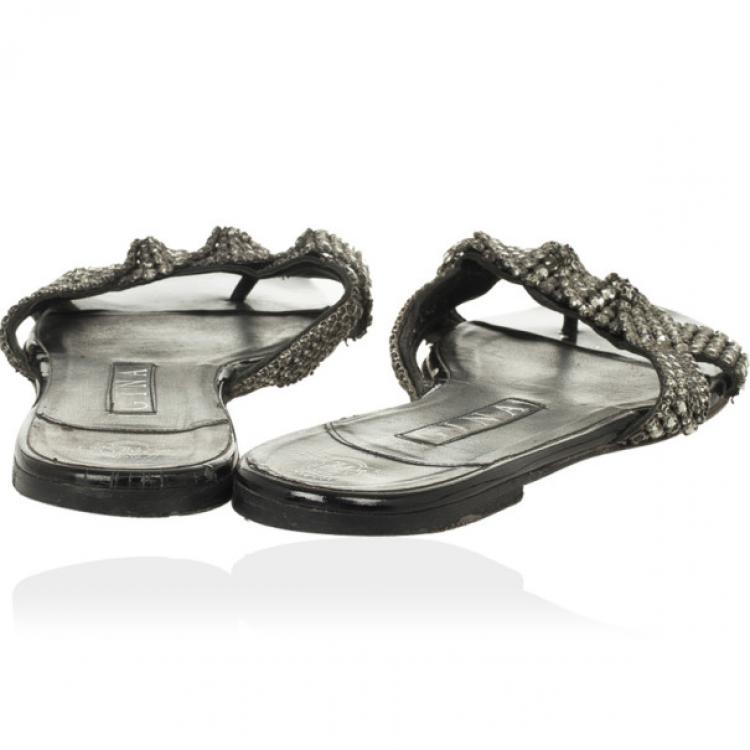 Pre Owned Gina Black Crystal Embellished Flat Slides Size 38