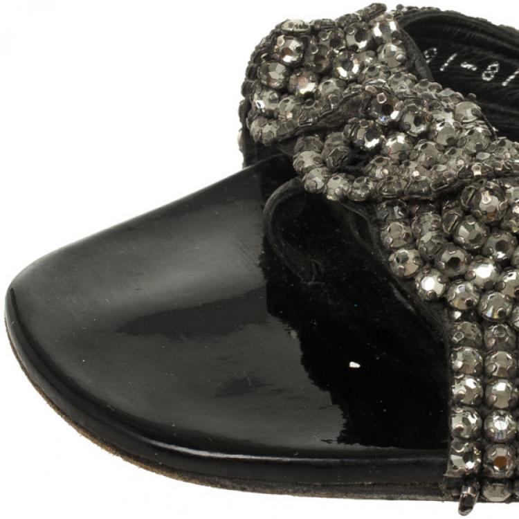 Pre Owned Gina Black Crystal Embellished Flat Slides Size 38