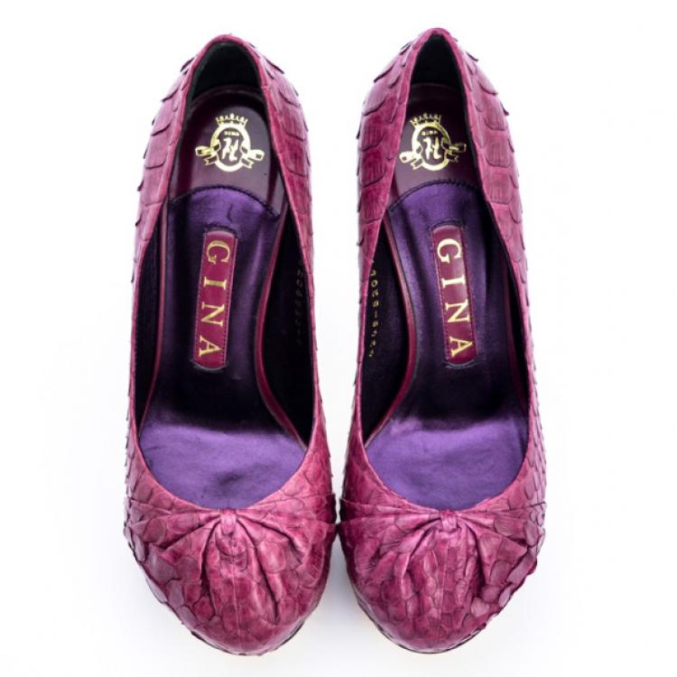 Pre Owned Gina Maroon Python Embossed Leather Platform Pumps Size 37