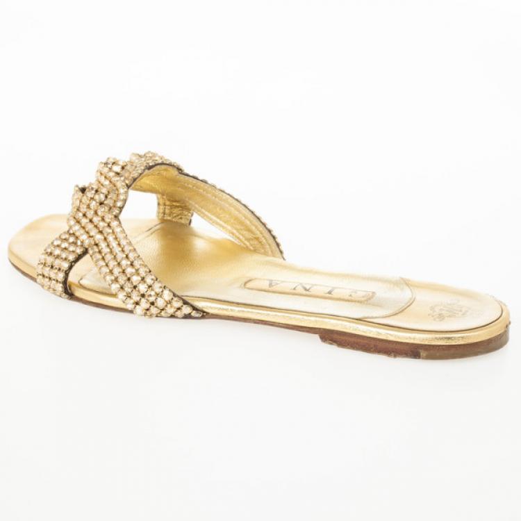 Pre Owned Gina Gold Crystal Embellished Flat Slides Size 39.5