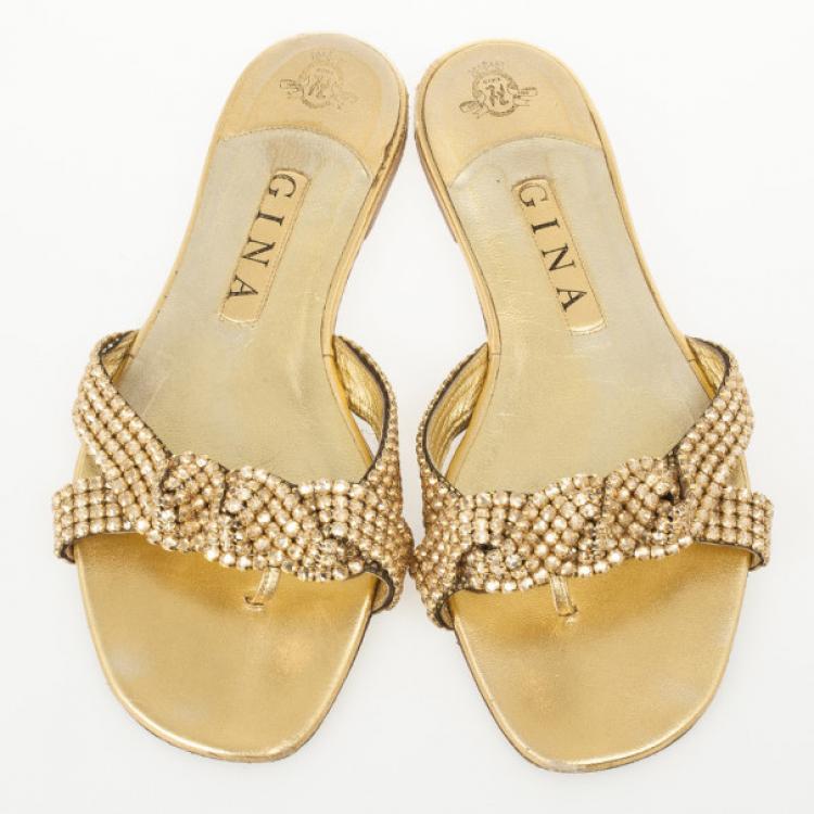 Pre Owned Gina Gold Crystal Embellished Flat Slides Size 39.5