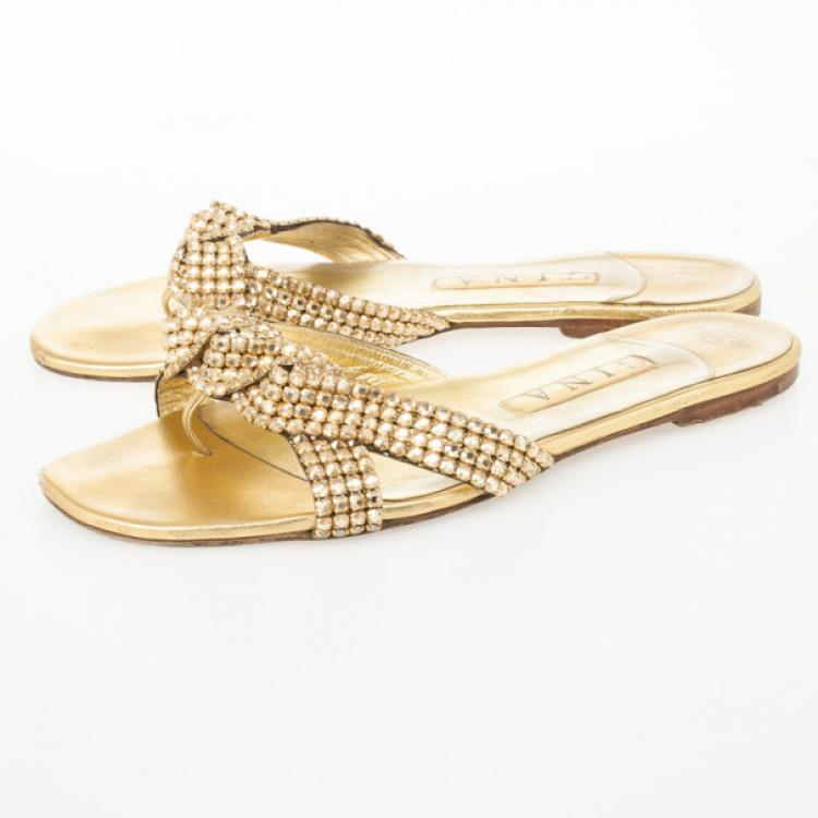 Pre Owned Gina Gold Crystal Embellished Flat Slides Size 39.5