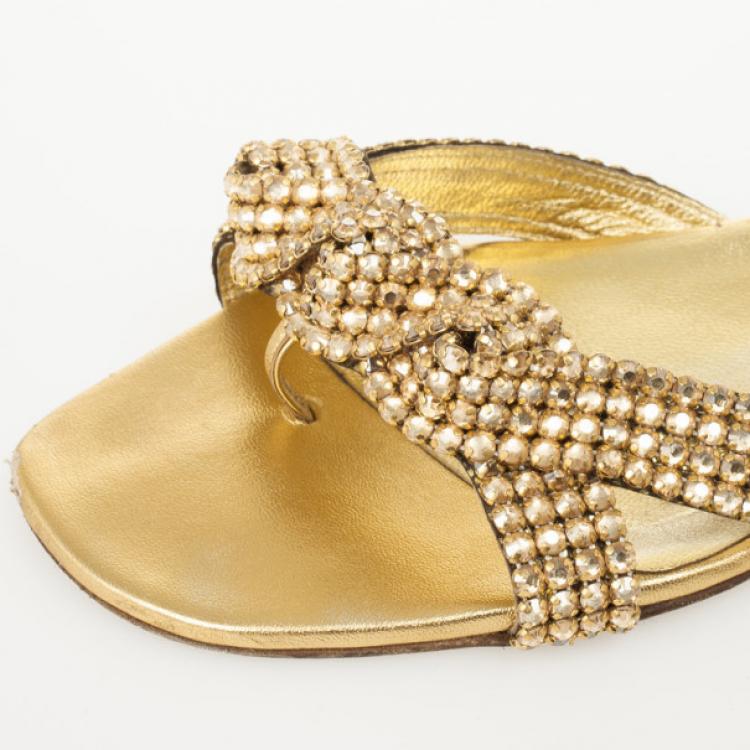 Pre Owned Gina Gold Crystal Embellished Flat Slides Size 39.5