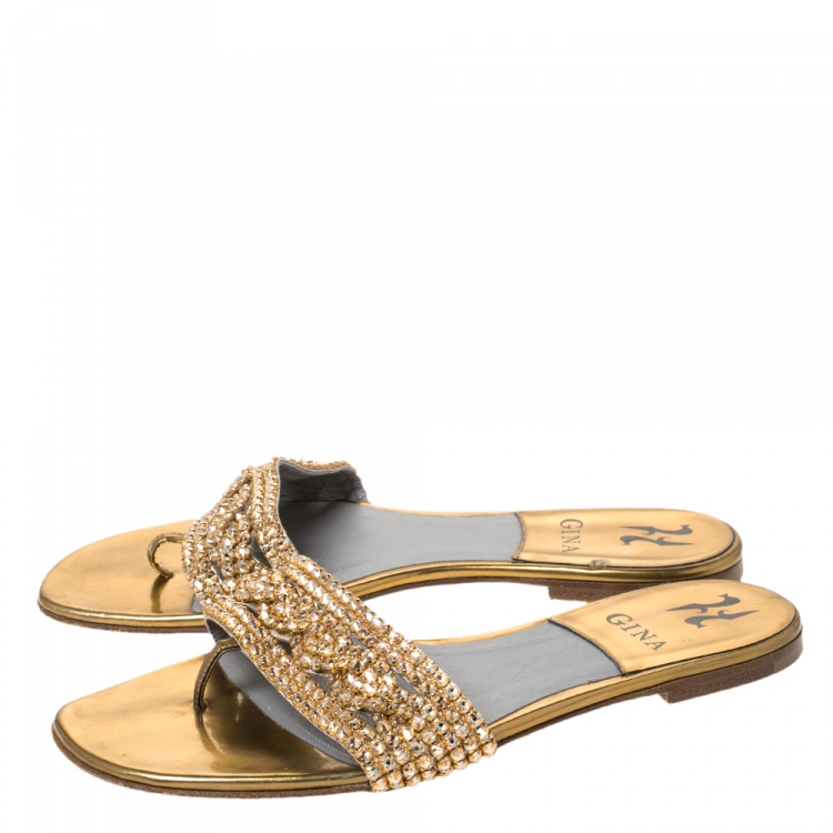 Pre Owned Gina Olive Green Patent Leather Crystal Embellished Slide Flats Size 38.5