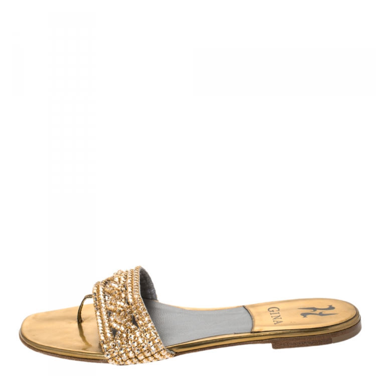 Pre Owned Gina Olive Green Patent Leather Crystal Embellished Slide Flats Size 38.5