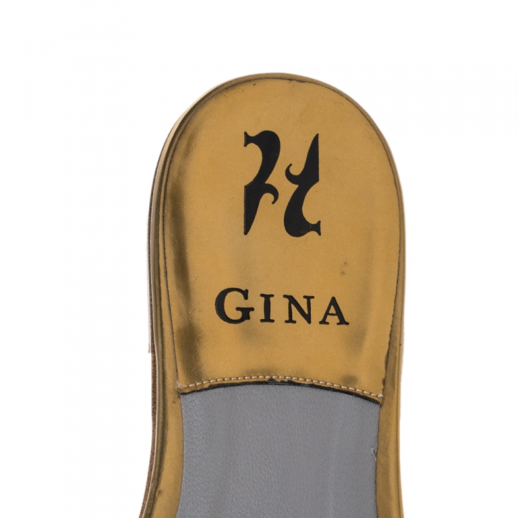 Pre Owned Gina Olive Green Patent Leather Crystal Embellished Slide Flats Size 38.5