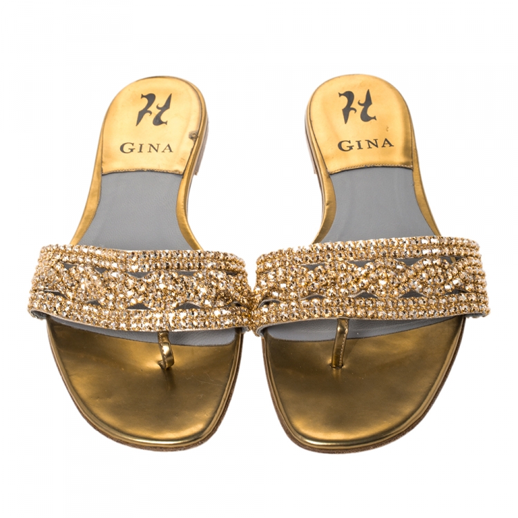 Pre Owned Gina Olive Green Patent Leather Crystal Embellished Slide Flats Size 38.5