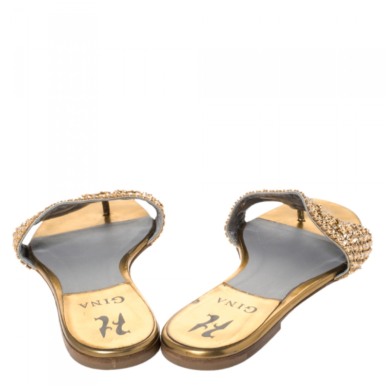 Pre Owned Gina Olive Green Patent Leather Crystal Embellished Slide Flats Size 38.5