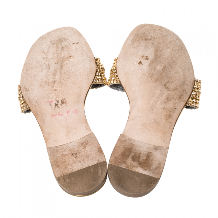 Pre Owned Gina Olive Green Patent Leather Crystal Embellished Slide Flats Size 38.5