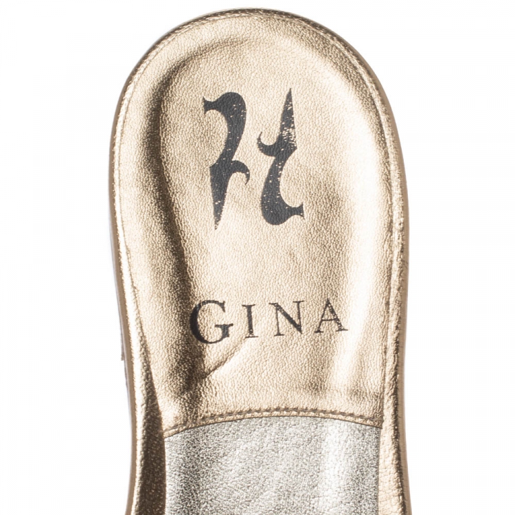 Pre Owned Gina Metallic Gold Leather Crystal Embellished Slide Flats Size 36