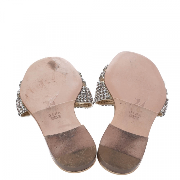 Pre Owned Gina Metallic Gold Leather Crystal Embellished Slide Flats Size 36