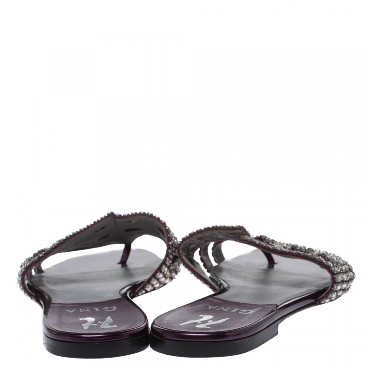 Pre Owned Gina Purple Leather Crystal Embellished Flat Slides Size 37
