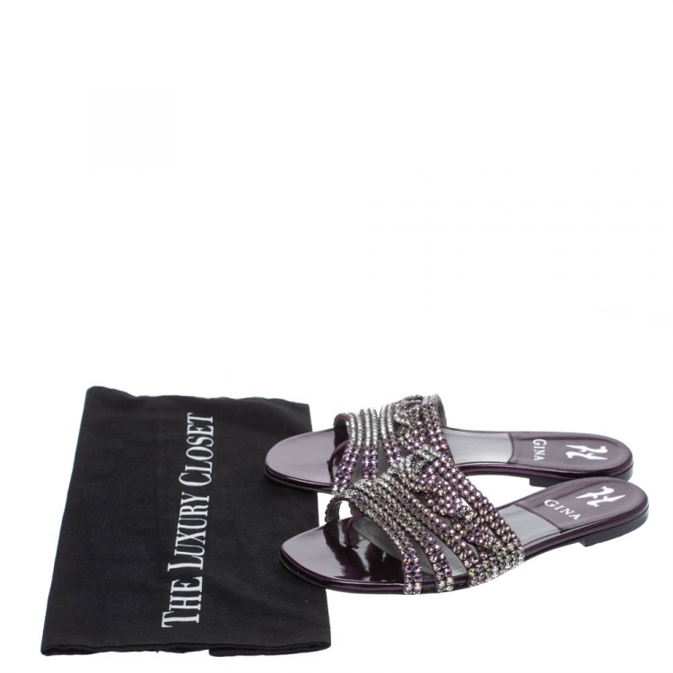 Pre Owned Gina Purple Leather Crystal Embellished Flat Slides Size 37