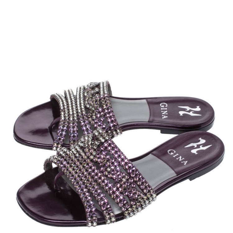 Pre Owned Gina Purple Leather Crystal Embellished Flat Slides Size 37