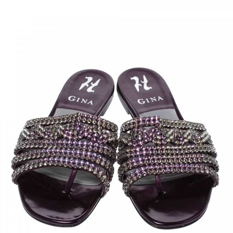Pre Owned Gina Purple Leather Crystal Embellished Flat Slides Size 37