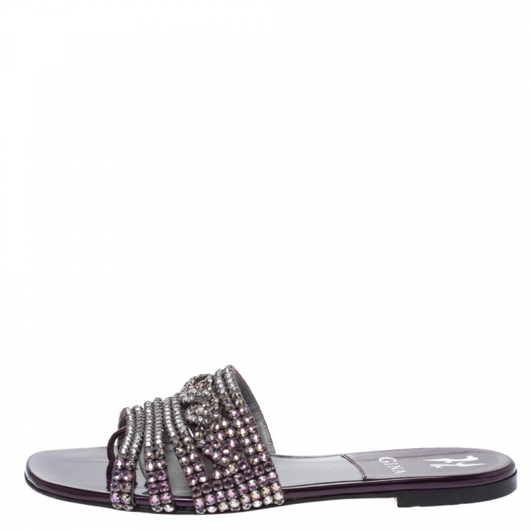 Pre Owned Gina Purple Leather Crystal Embellished Flat Slides Size 37