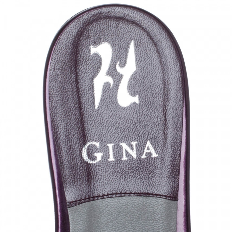 Pre Owned Gina Purple Leather Crystal Embellished Flat Slides Size 37