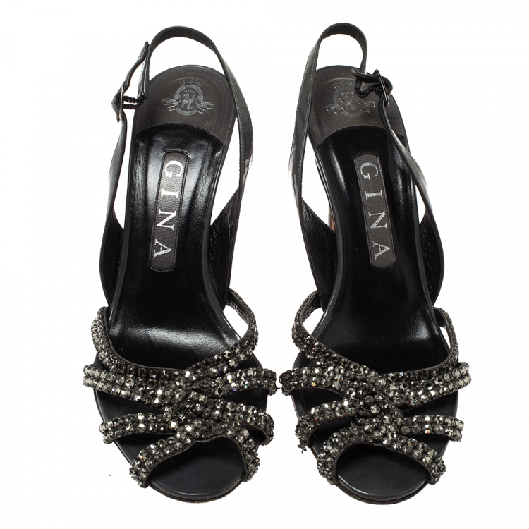 مملوكة مسبقًا Gina Grey Leather Crystal Embellished Slingback Sandals Size 38