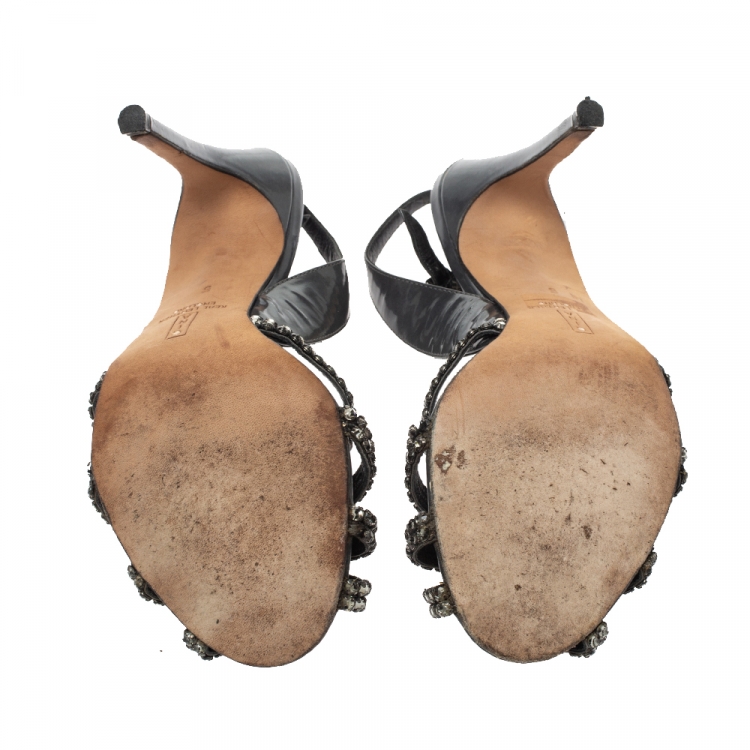 مملوكة مسبقًا Gina Grey Leather Crystal Embellished Slingback Sandals Size 38