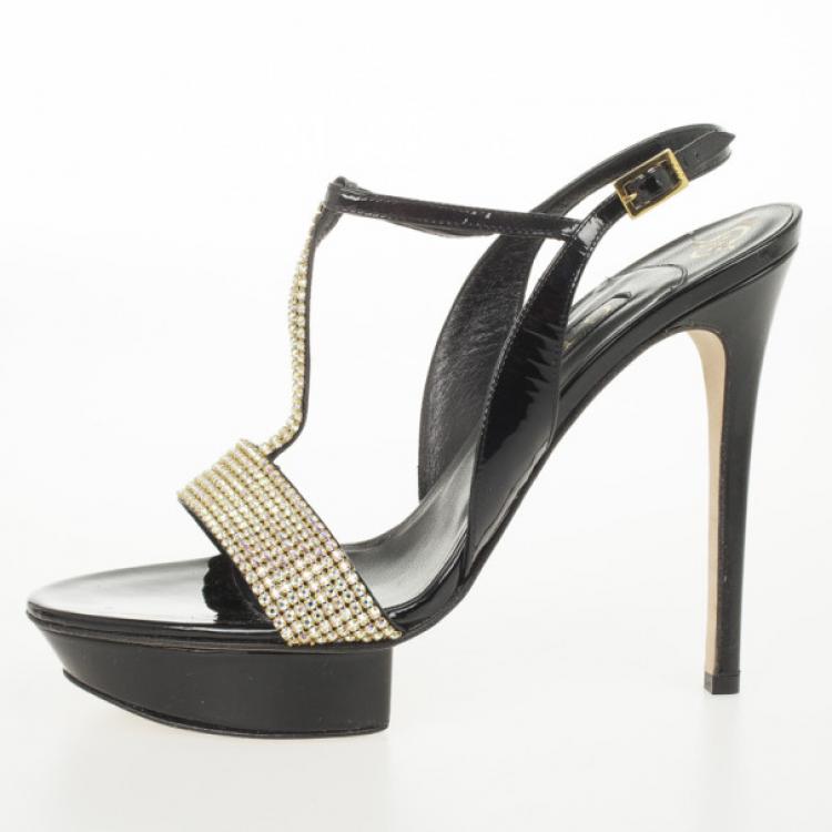 Pre Owned Gina Black Patent Crystal Embellished Sandals Size 40.5