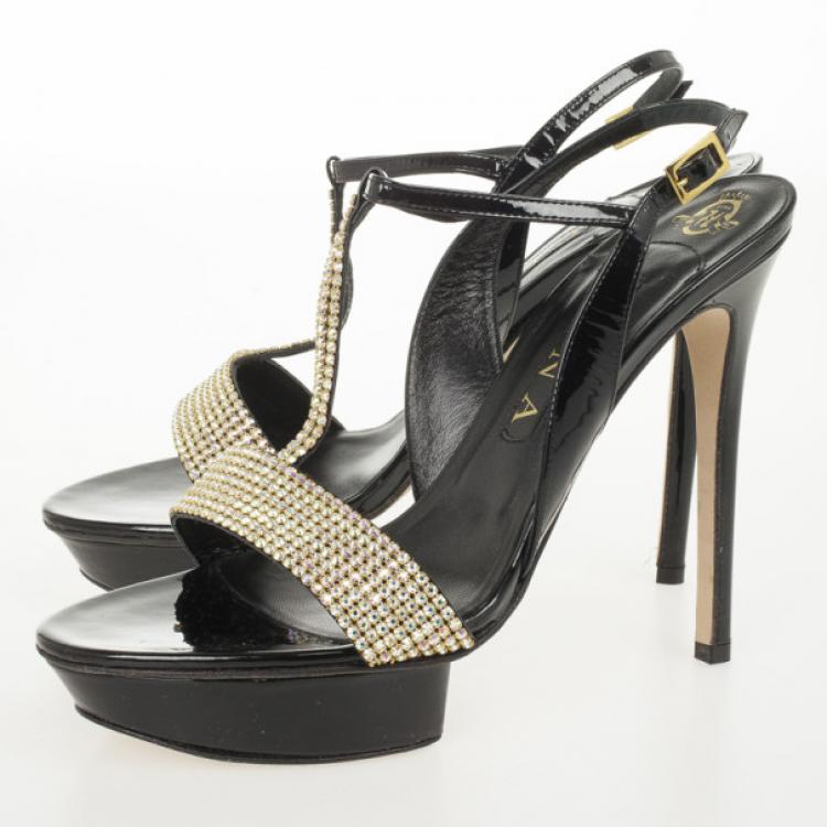 Pre Owned Gina Black Patent Crystal Embellished Sandals Size 40.5