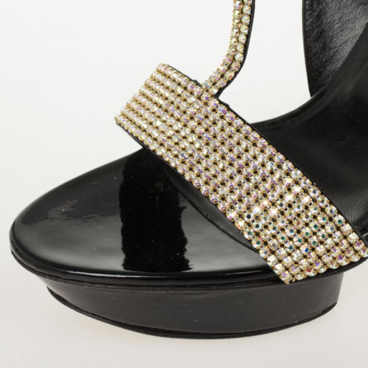 Pre Owned Gina Black Patent Crystal Embellished Sandals Size 40.5