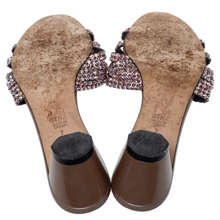 Pre Owned Gina Brown Patent Crystal Embellished Slides Size 40