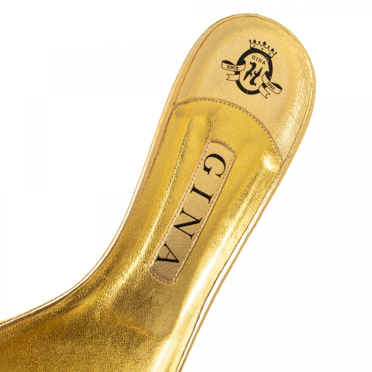 Pre Owned Gina Gold Crystal Embellished Leather Kitten Heel Sandals Size 41