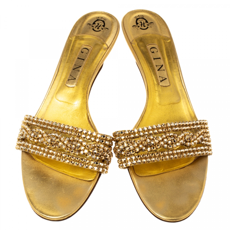 Pre Owned Gina Gold Crystal Embellished Leather Kitten Heel Sandals Size 41