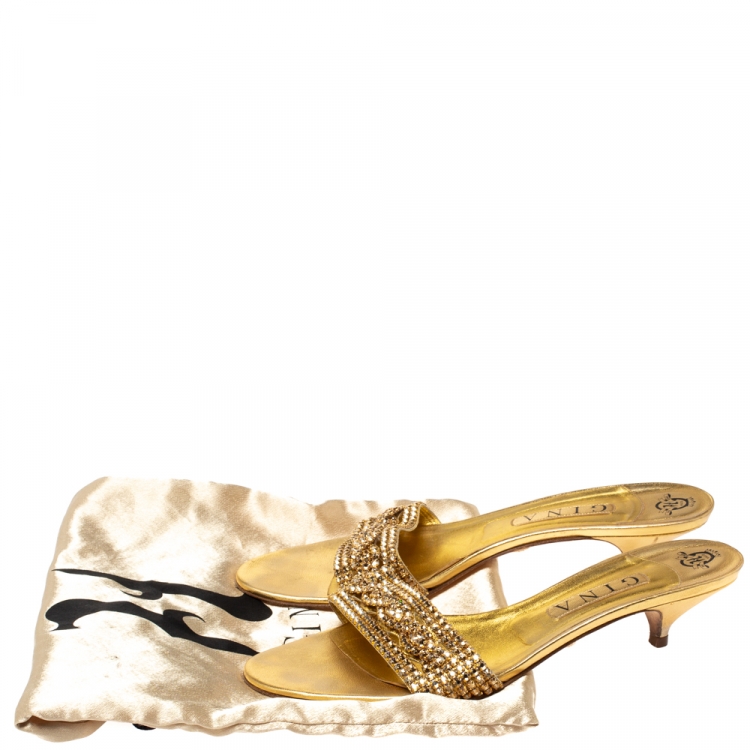 Pre Owned Gina Gold Crystal Embellished Leather Kitten Heel Sandals Size 41