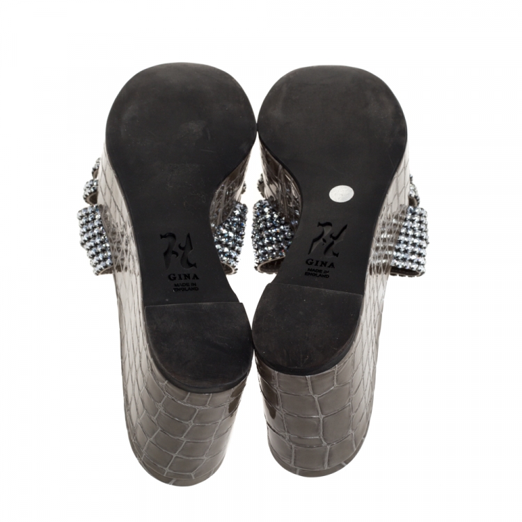 Pre Owned Gina Taupe Croc Embossed Leather Crystal Embellished Wedge Platform Sandals Size 38