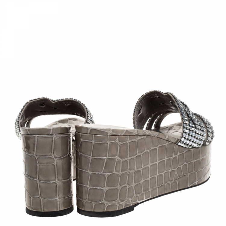 Pre Owned Gina Taupe Croc Embossed Leather Crystal Embellished Wedge Platform Sandals Size 38