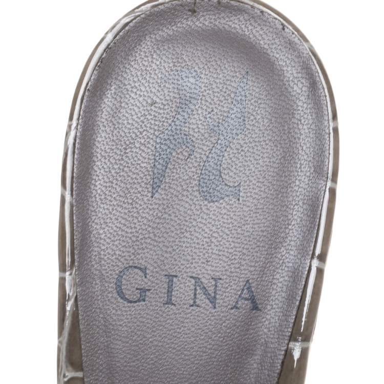 Pre Owned Gina Taupe Croc Embossed Leather Crystal Embellished Wedge Platform Sandals Size 38
