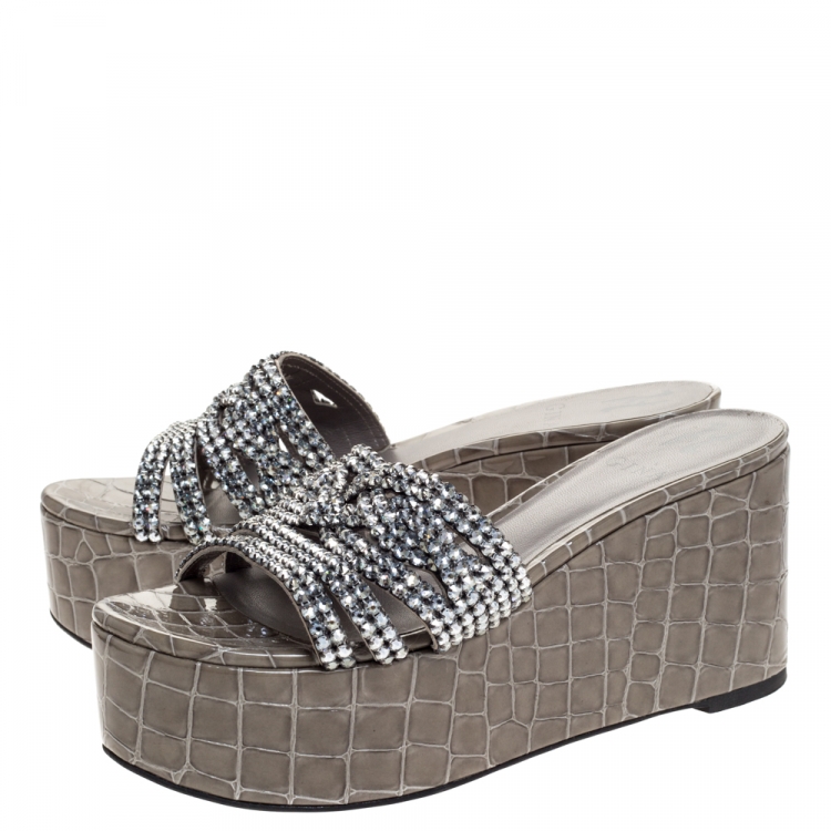 Pre Owned Gina Taupe Croc Embossed Leather Crystal Embellished Wedge Platform Sandals Size 38
