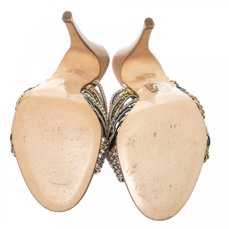 Pre Owned Gina Multicolor Crystal Embellished and Snakeskin Strappy Sandals Size 38