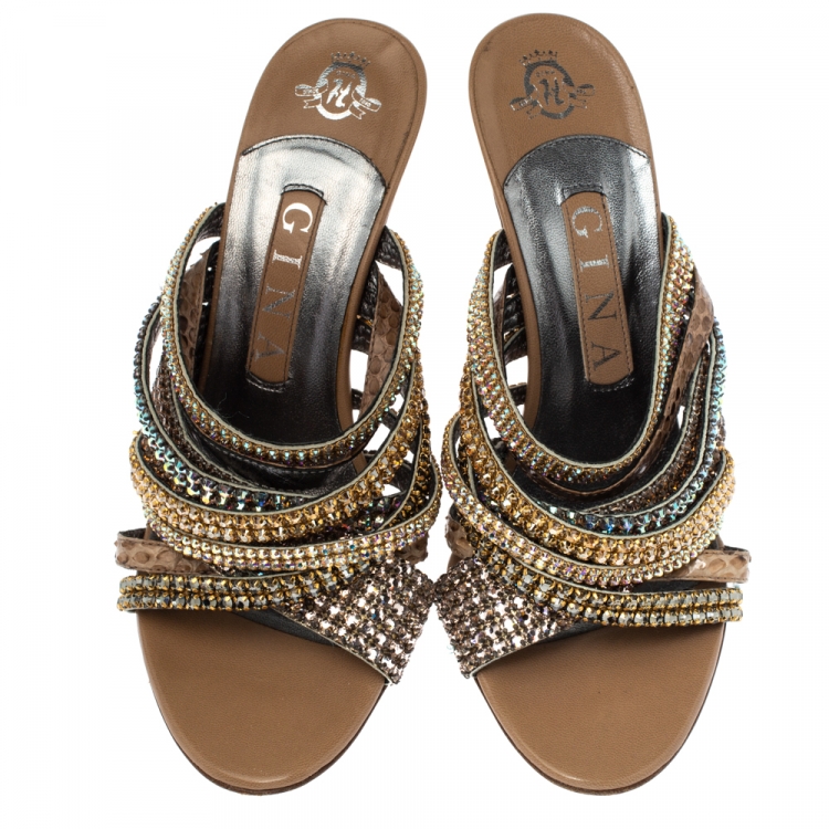 Pre Owned Gina Multicolor Crystal Embellished and Snakeskin Strappy Sandals Size 38