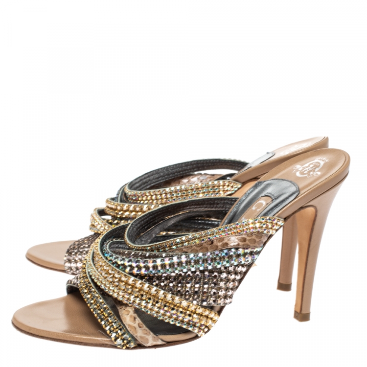 Pre Owned Gina Multicolor Crystal Embellished and Snakeskin Strappy Sandals Size 38