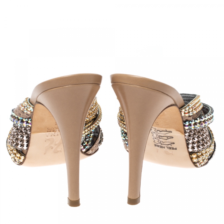 Pre Owned Gina Multicolor Crystal Embellished and Snakeskin Strappy Sandals Size 38