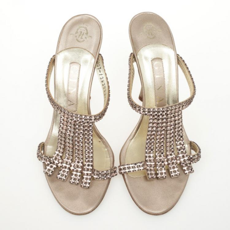Pre Owned Gina Gold Embellished High Heel Slides Size 37.5