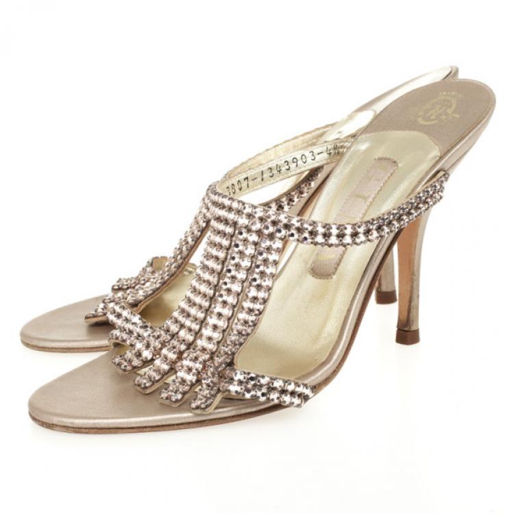 Pre Owned Gina Gold Embellished High Heel Slides Size 37.5