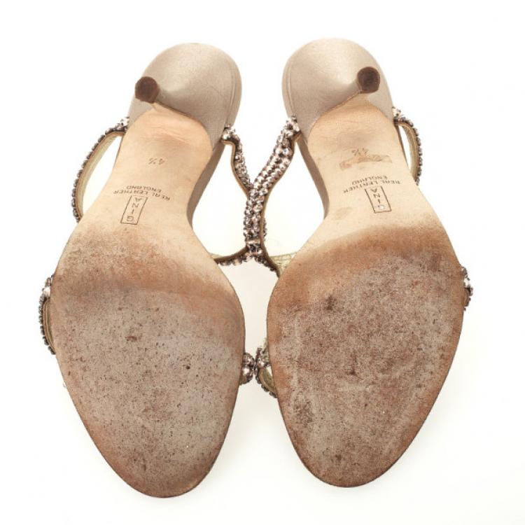 Pre Owned Gina Gold Embellished High Heel Slides Size 37.5