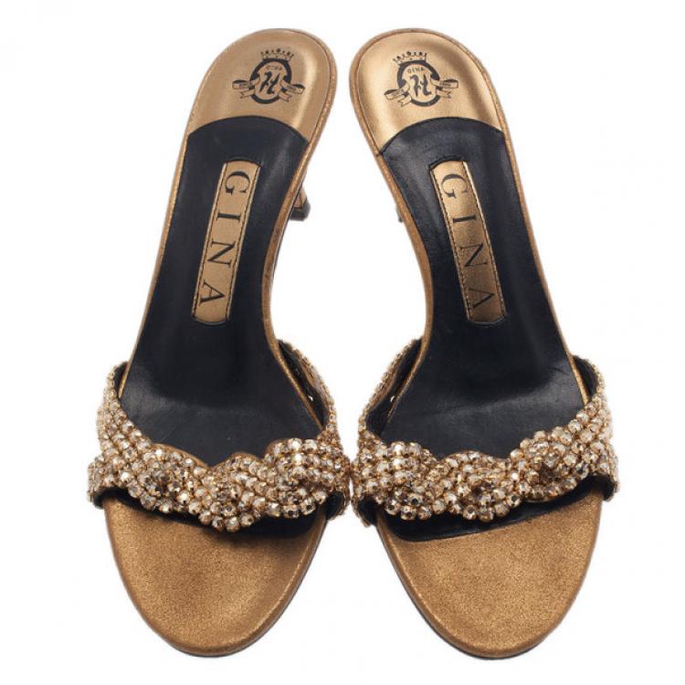 Pre Owned Gina Gold Crystal Slides Size 36