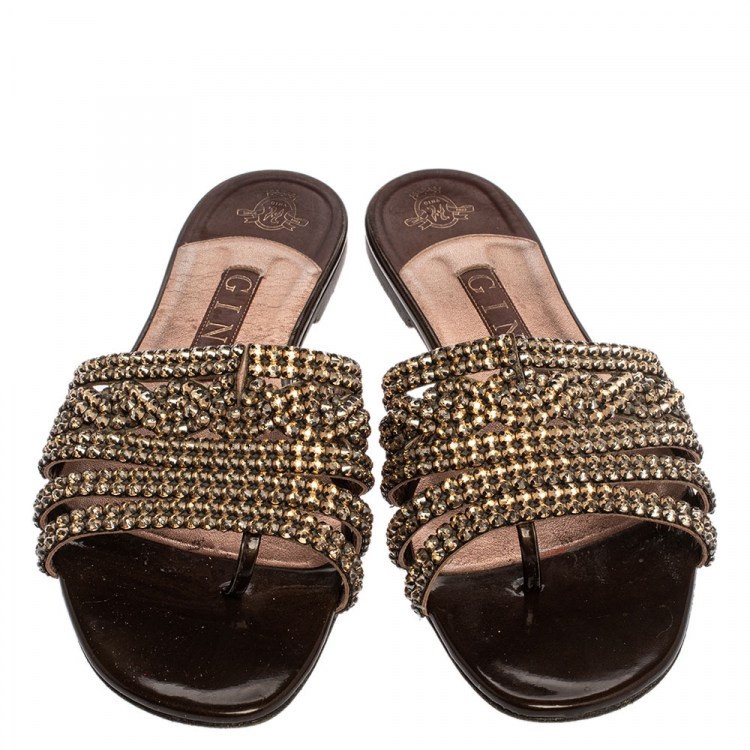 Pre Owned Gina  Brown Patent Leather And Crystal Embellished Thong Flat Slides Size 38