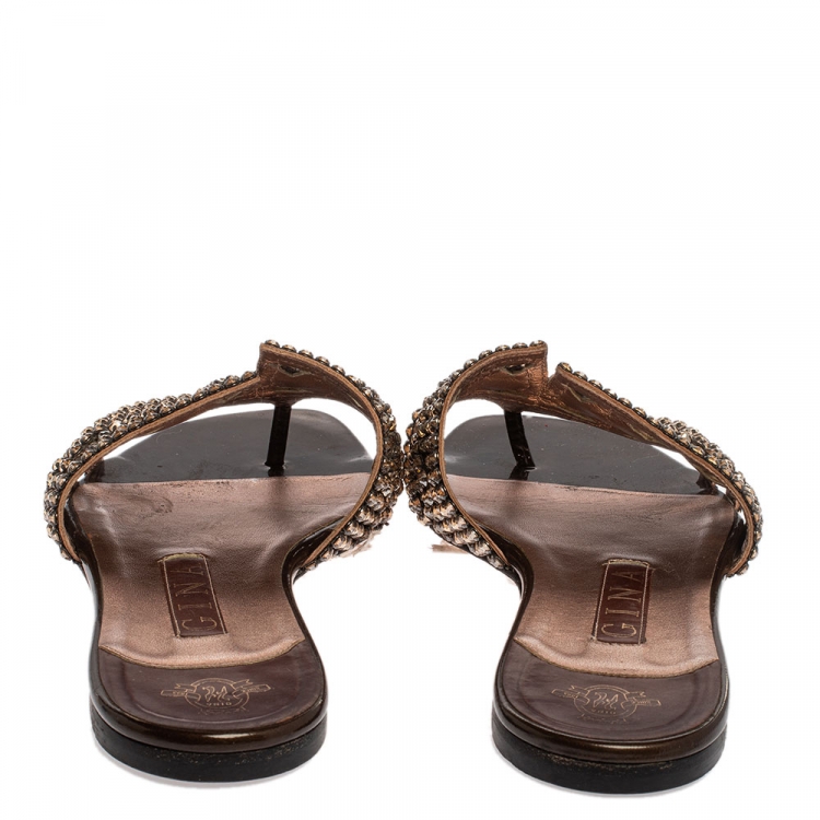 Pre Owned Gina  Brown Patent Leather And Crystal Embellished Thong Flat Slides Size 38