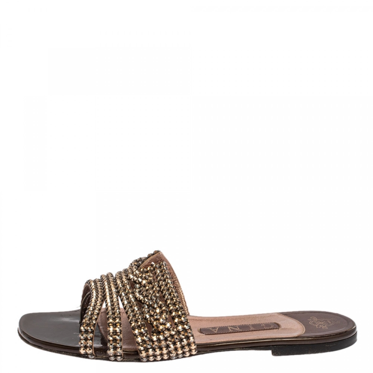 Pre Owned Gina  Brown Patent Leather And Crystal Embellished Thong Flat Slides Size 38