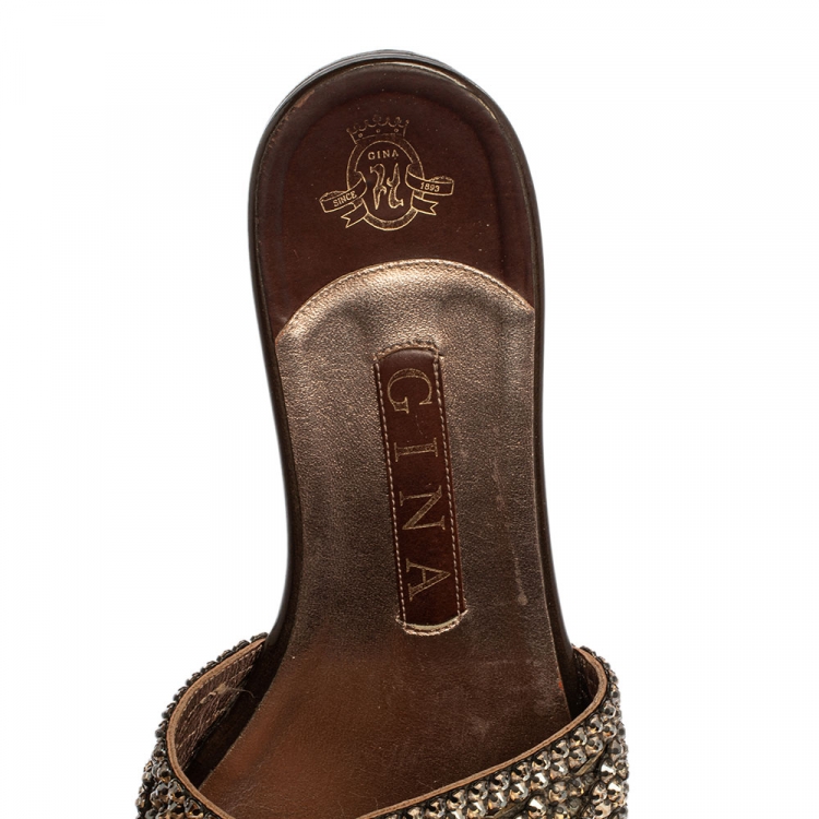 Pre Owned Gina  Brown Patent Leather And Crystal Embellished Thong Flat Slides Size 38